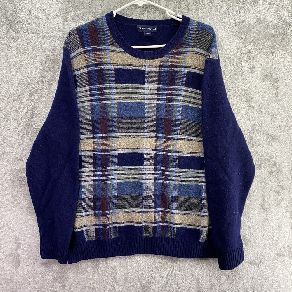 Grant Thomas Men's 100% Wool Navy Plaid Intarsia Crewneck Sweater Pullover L EUC
